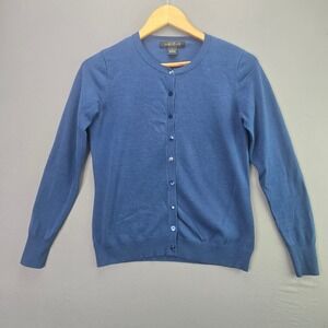 August Silk Cardigan Sweater S Blue Button Up Crew Neck Long Sleeve Lightweight